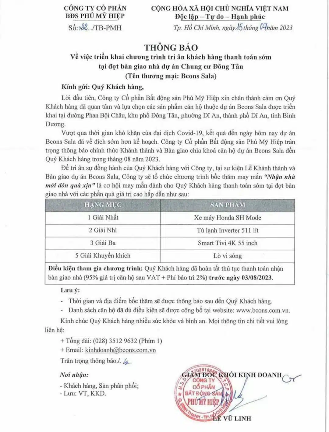 Chính thức bàn giao căn hộ Bcons Sala đợt đầu 10 Thông báo chương rình tri ân khách hàng thanh toán sớm nhận bàn giao Bcons Sala