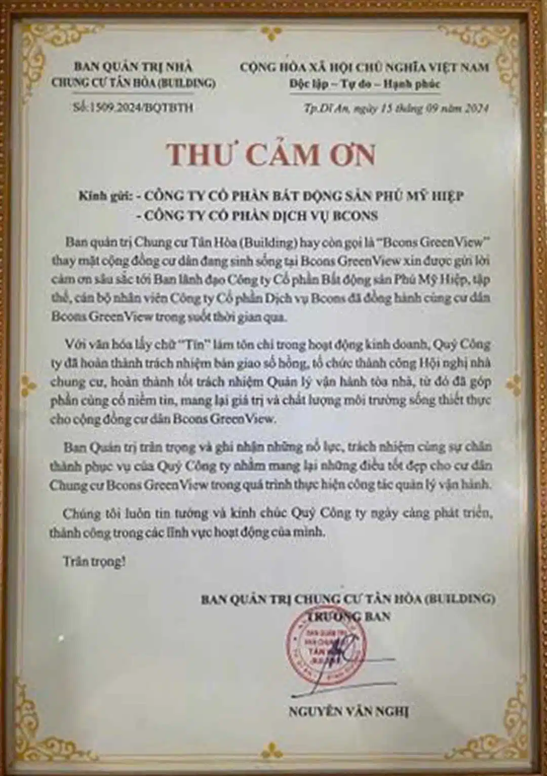Tập đoàn Bcons bàn giao quỹ bảo trì Bcons Green View 9 Thư cảm ơn của cư dân Bcons Green View