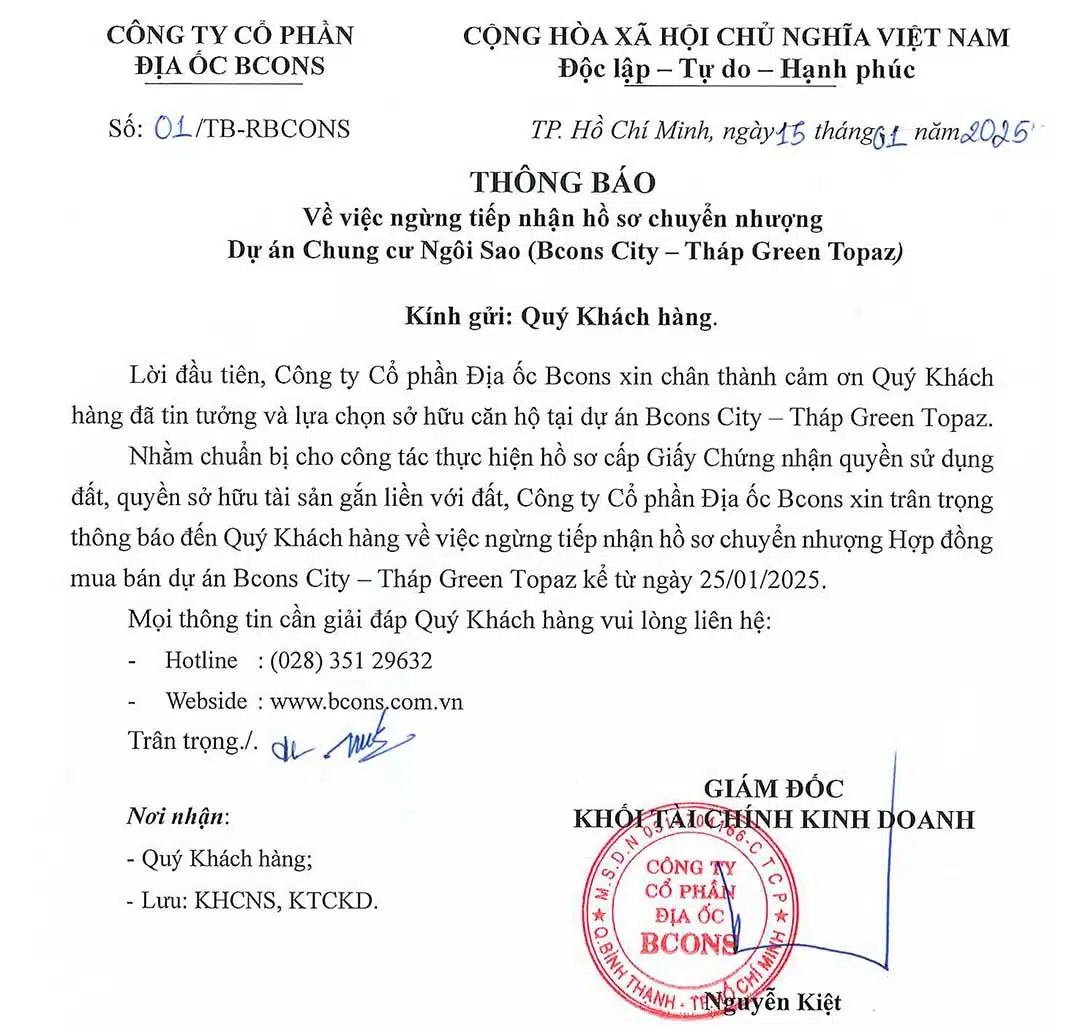 Bàn giao tháp Green Topaz căn hộ Bcons City tháng 12/2024 19 Thông báo ngưng sang nhượng Bcons City tháp Green Topaz từ 25-01-2025