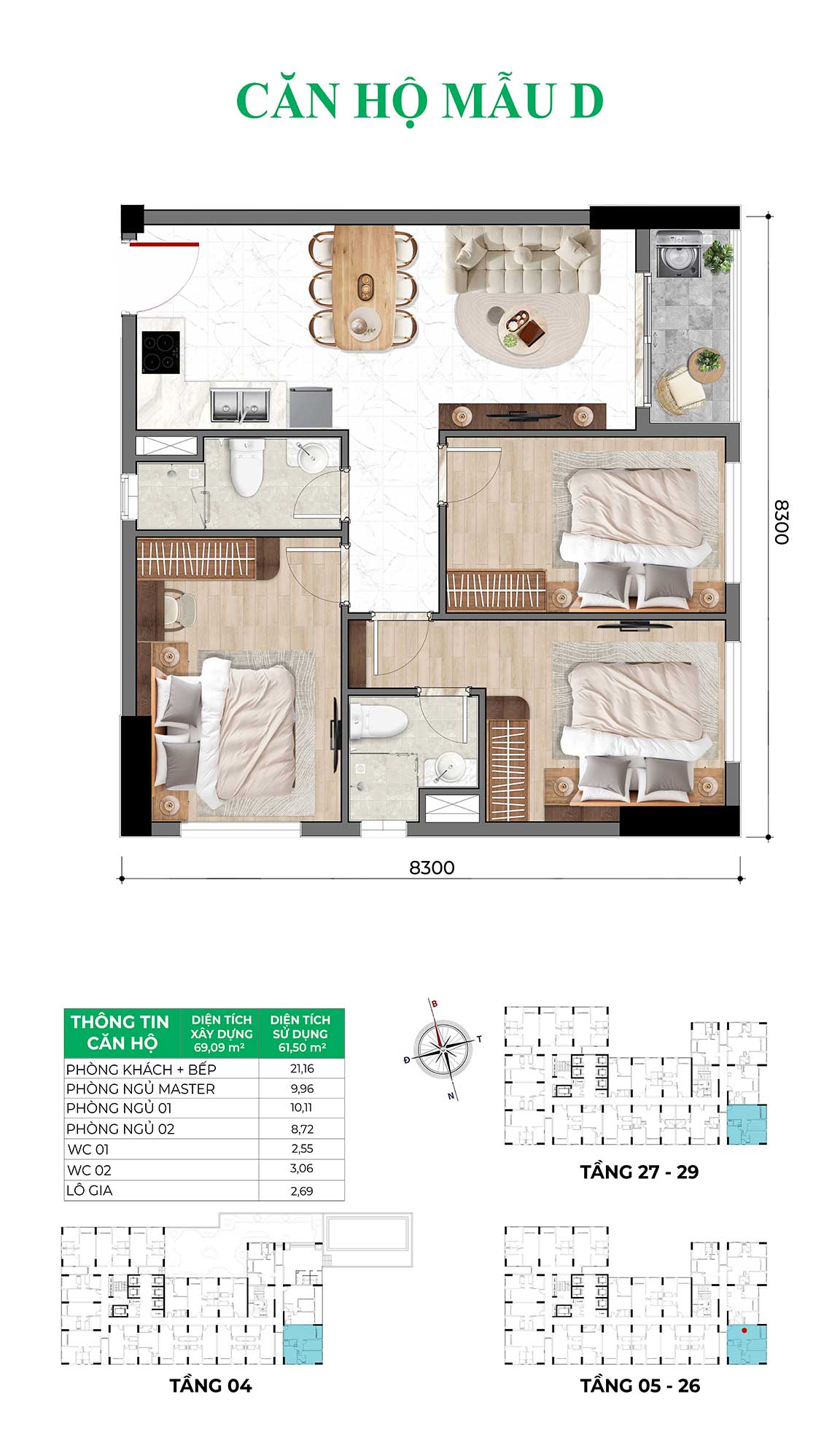 Bcons Asahi 69,09m2 Mau-D-3PN2WC