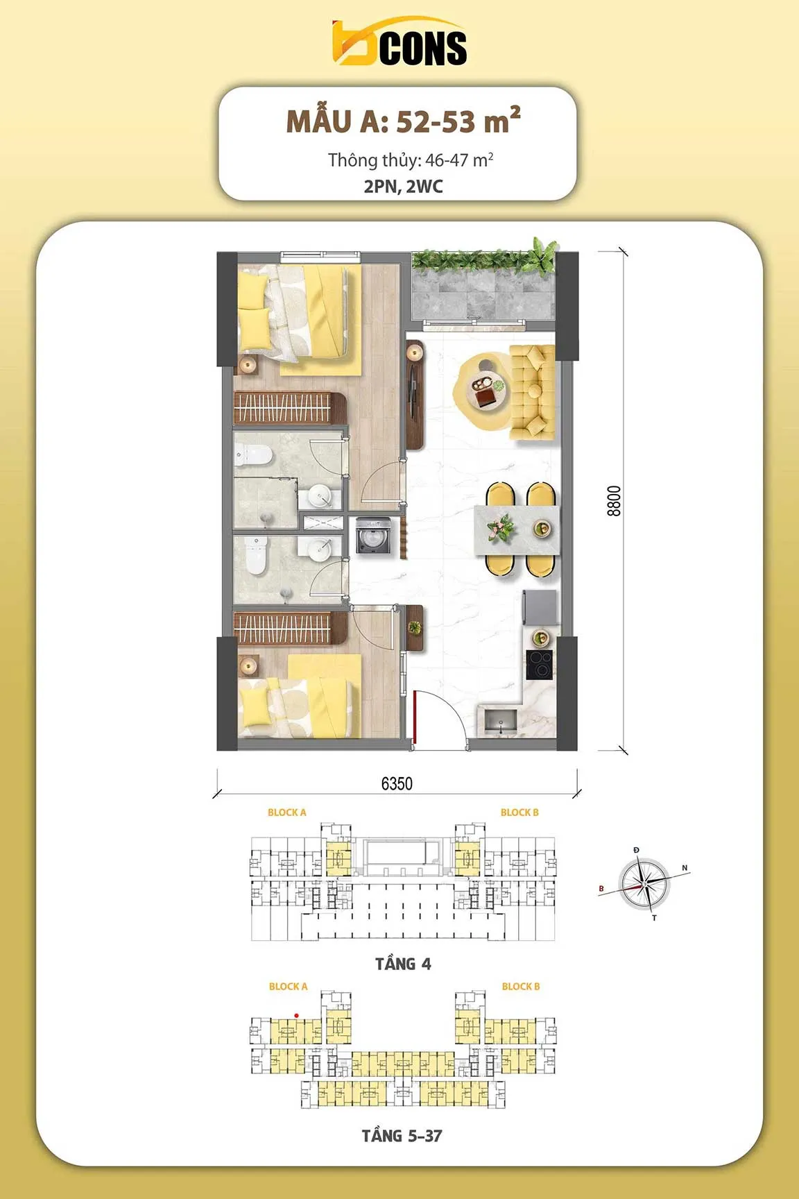 Đánh giá thiết kế căn hộ Bcons như thế nào 10 Thiết kế Bcons Aria 2pn2wc-52-53m2