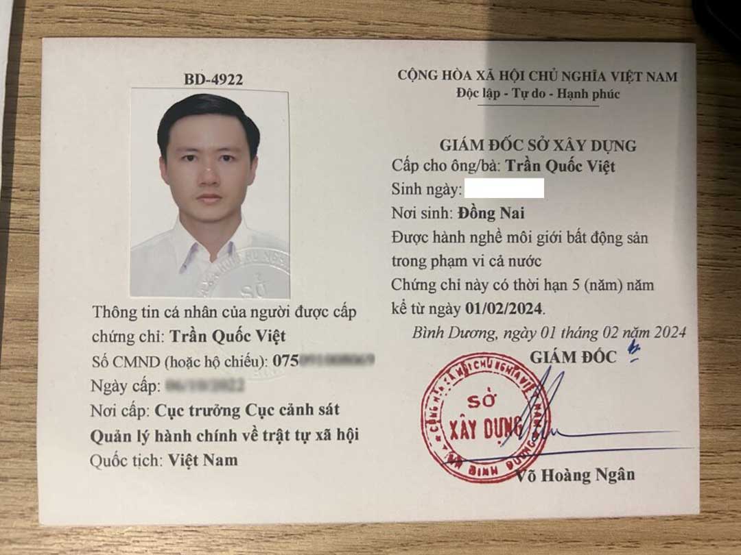 Chứng chỉ môi giới Bất động sản của Tác giả Trần Việt Bcons Chứng chỉ môi giới Bất động sản của Tác giả Trần Việt Bcons